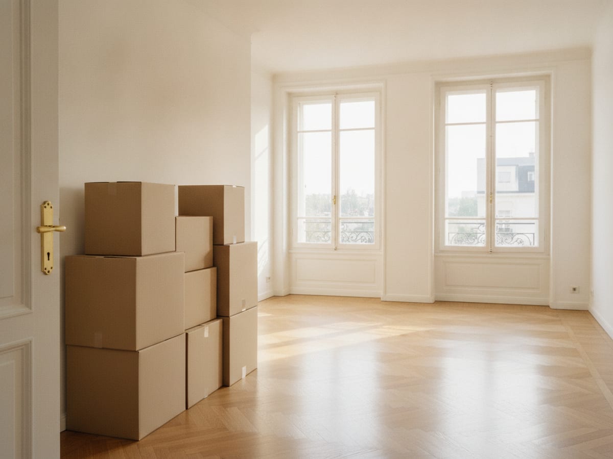Cartons rangés dans un couloir lumineux