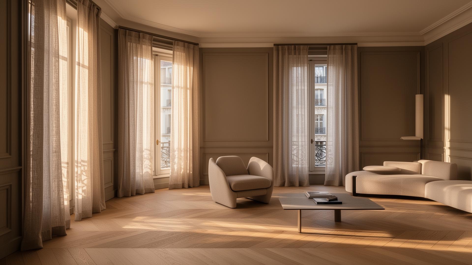 Salon lumineux d'un appartement genevois, lumière chaude d'après-midi